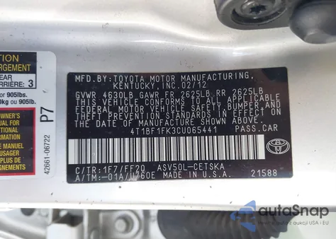 2012 Toyota Camry Se z USA, uszkodzony, nr VIN 4T1BF1FK3CU065441